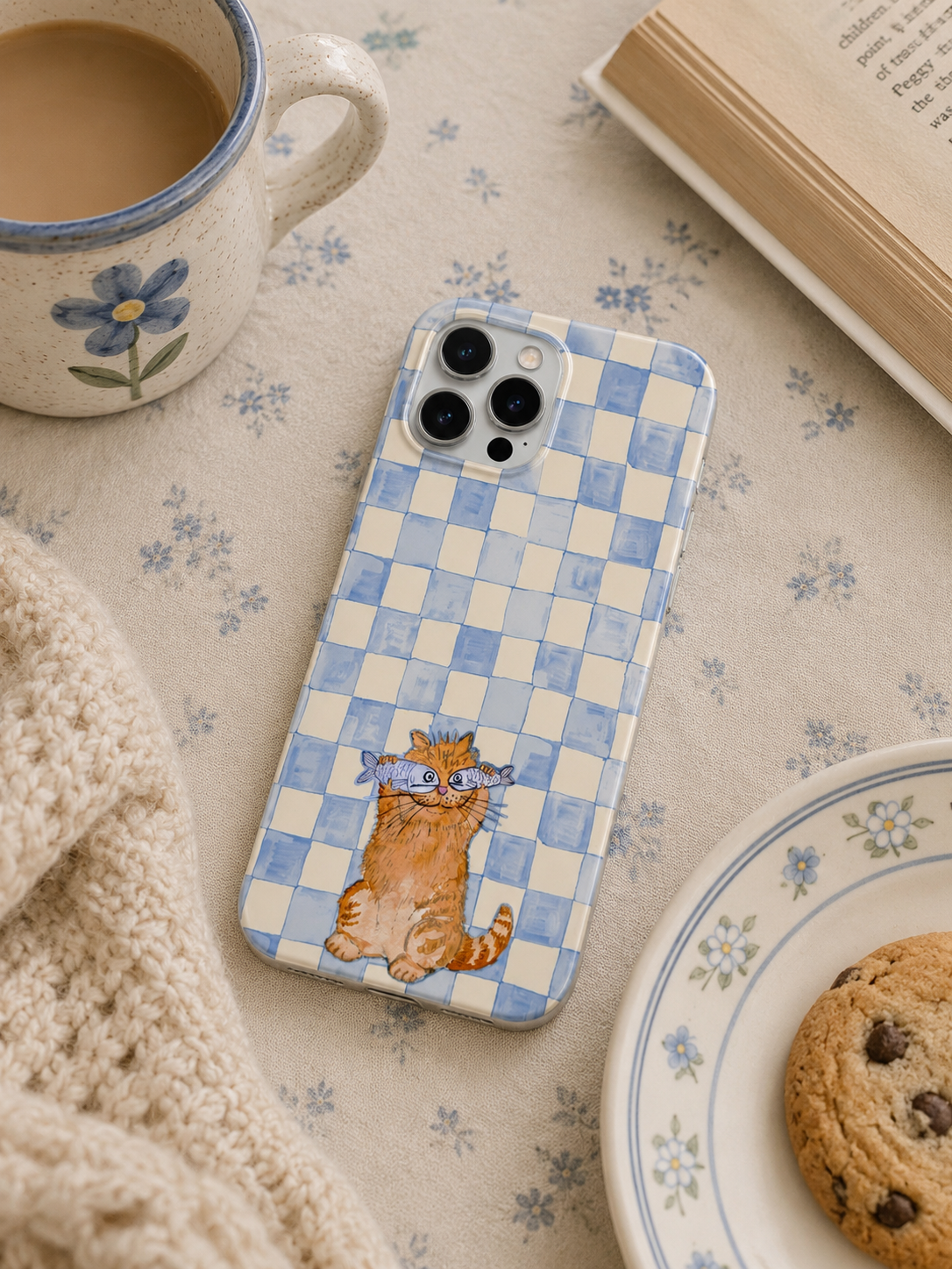 Balık Gözlüklü Kedi Desenli İçi Kadifeli Telefon Kılıfı (Y33)