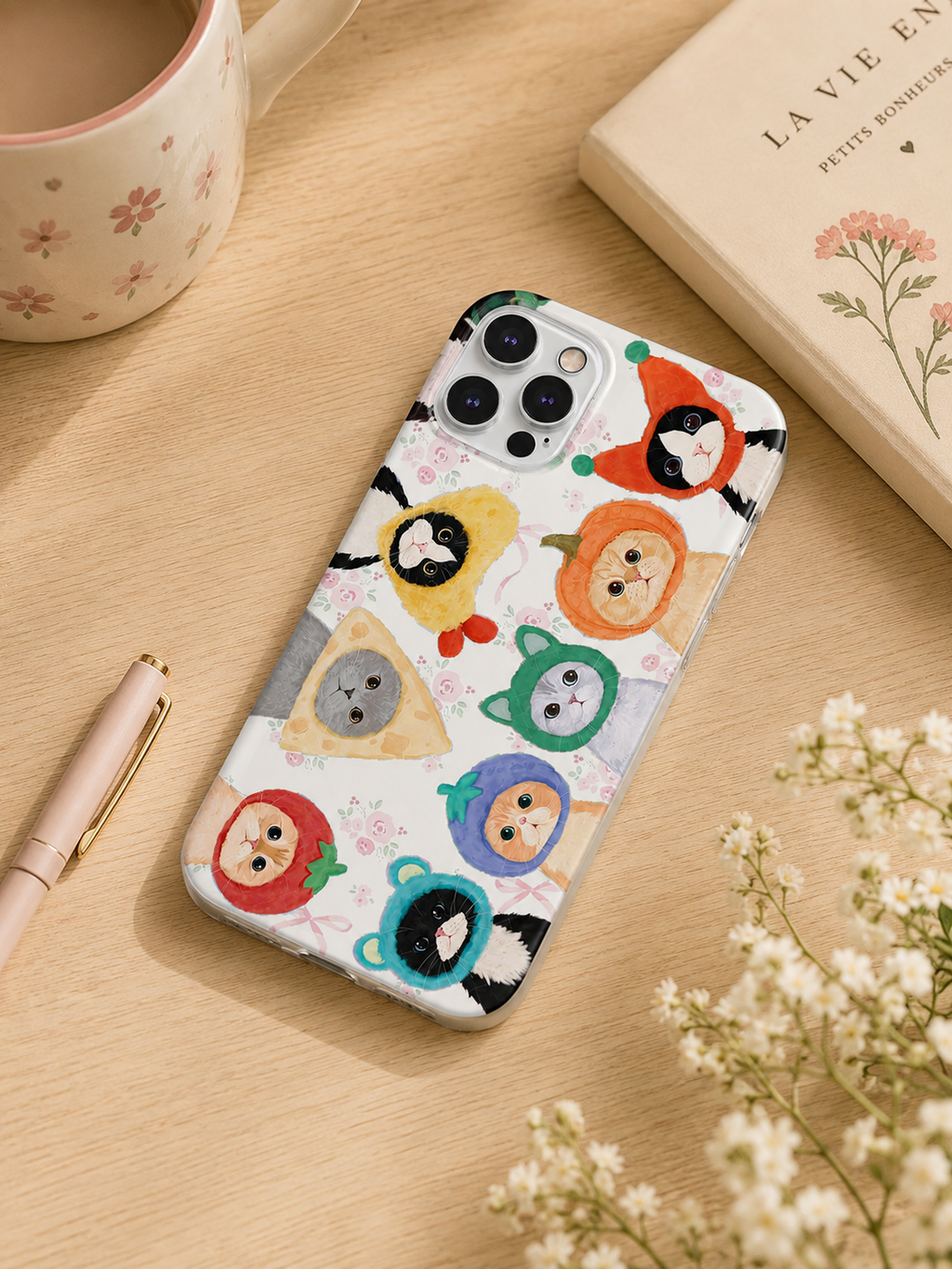 Meyveli Kedi Desenli İçi Kadifeli Telefon Kılıfı (Y31)