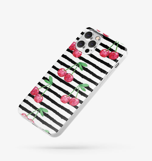 Çizgili Kiraz Desenli İçi Kadifeli Telefon Kılıfı (Y36)